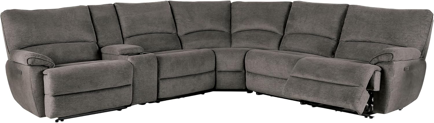 Furniture of America Bretz 121 inches Fabric Upholstered Power Recline Sectional with Cupholders, Wireless Charging and Pillow Top Arms for Living Room, Home Office, Gray