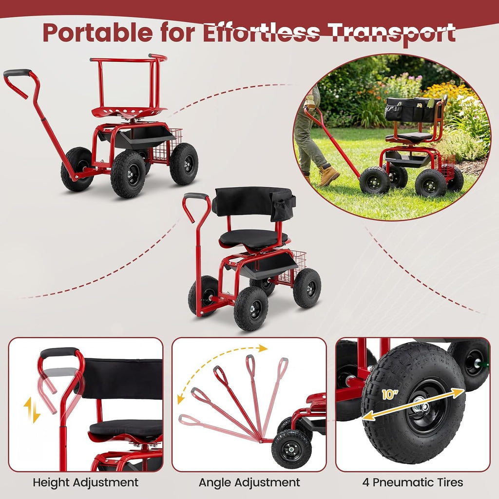 Goplus Garden Seat with Wheels, Rolling Gardening Stool with Adjustable 360° Swivel Seat, Tool Tray & Storage Basket, Extendable Handle, Outdoor Gardening Scooter, Garden Cart Workseat for Seniors