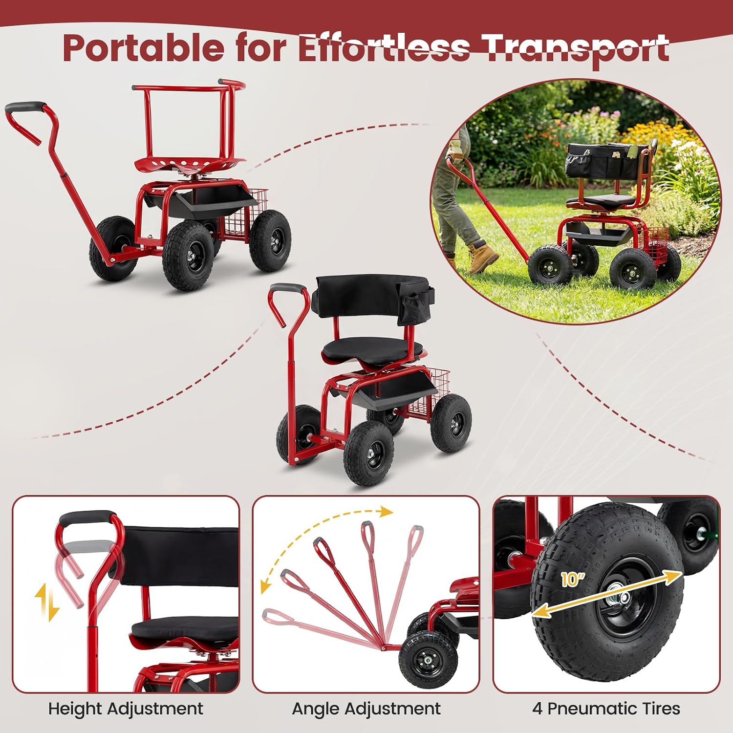 Goplus Garden Seat with Wheels, Rolling Gardening Stool with Adjustable 360° Swivel Seat, Tool Tray & Storage Basket, Extendable Handle, Outdoor Gardening Scooter, Garden Cart Workseat for Seniors