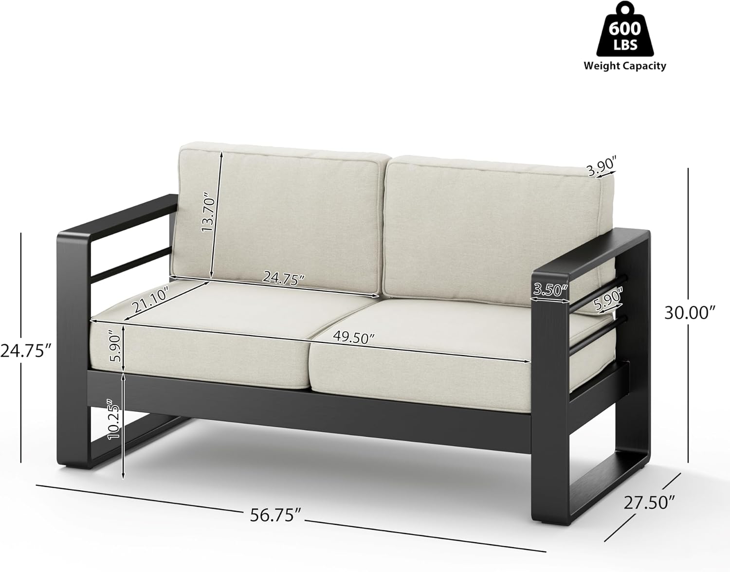 Christopher Knight Home Dessa Patio Loveseat, Aluminum Couch, 2 Seater Sofa, Stable Aluminum Frame Armchair, Spacious Seating, Outdoor Loveseat with Cushions for Backyard Garden Balcony, Black+Beige