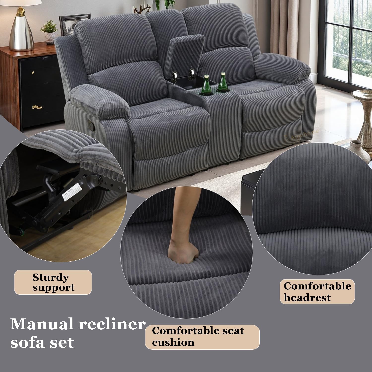 A Ainehome Manual Sectional Couch Recliner Sofa Set with Storage, Corduroy Sofa Sets Manual Reclining Sectional Couches for Living Room with 5 Recliner Seats(Living Room Set, Dark Grey)