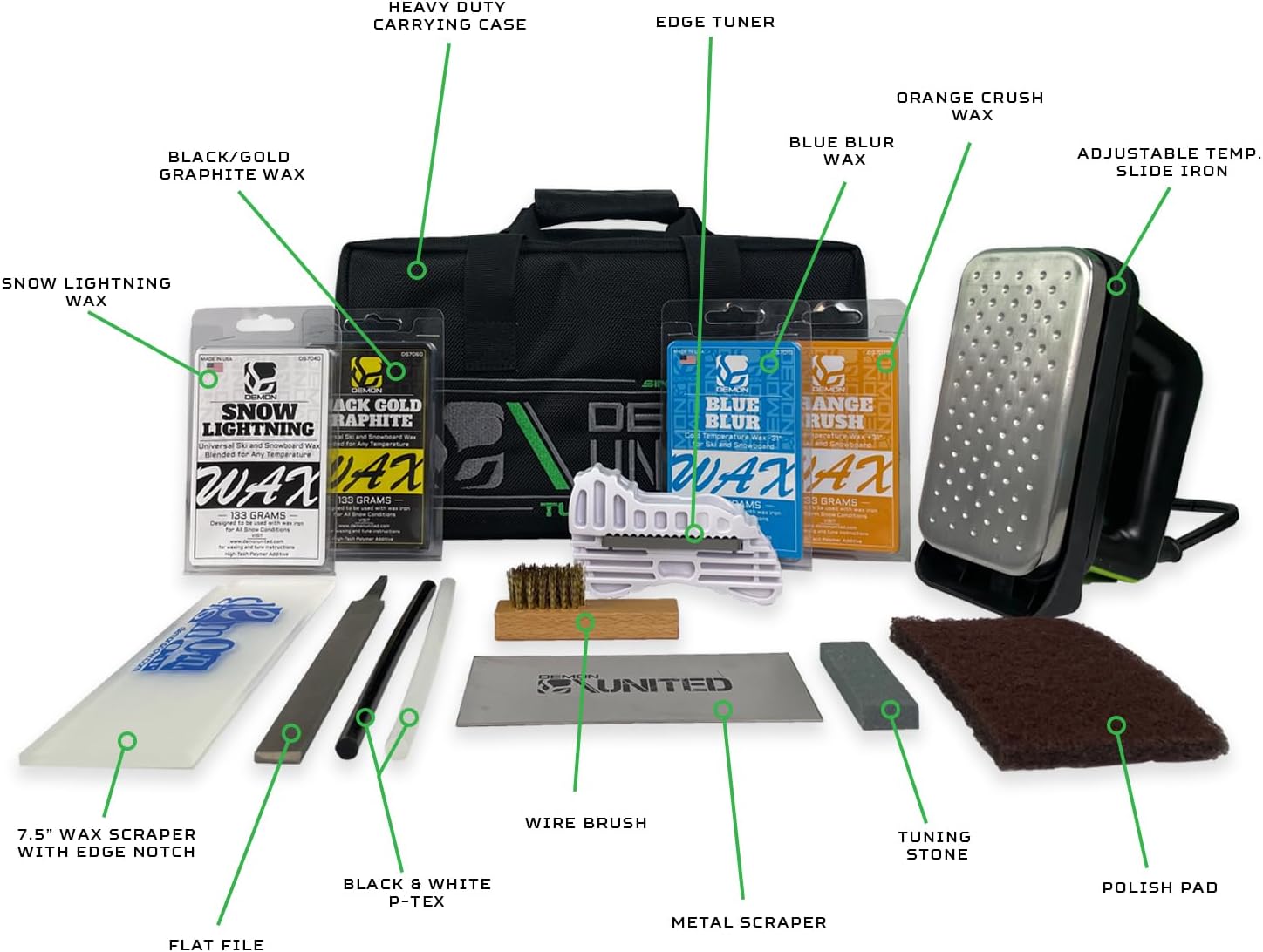 DEMON UNITED USA Diamond Star Edition Ski & Snowboard Tuning Kit, All Season Snow Conditions Wax Kit, Hot Wax Iron, Wax Apron, Nylon Brush, Brake Retainers