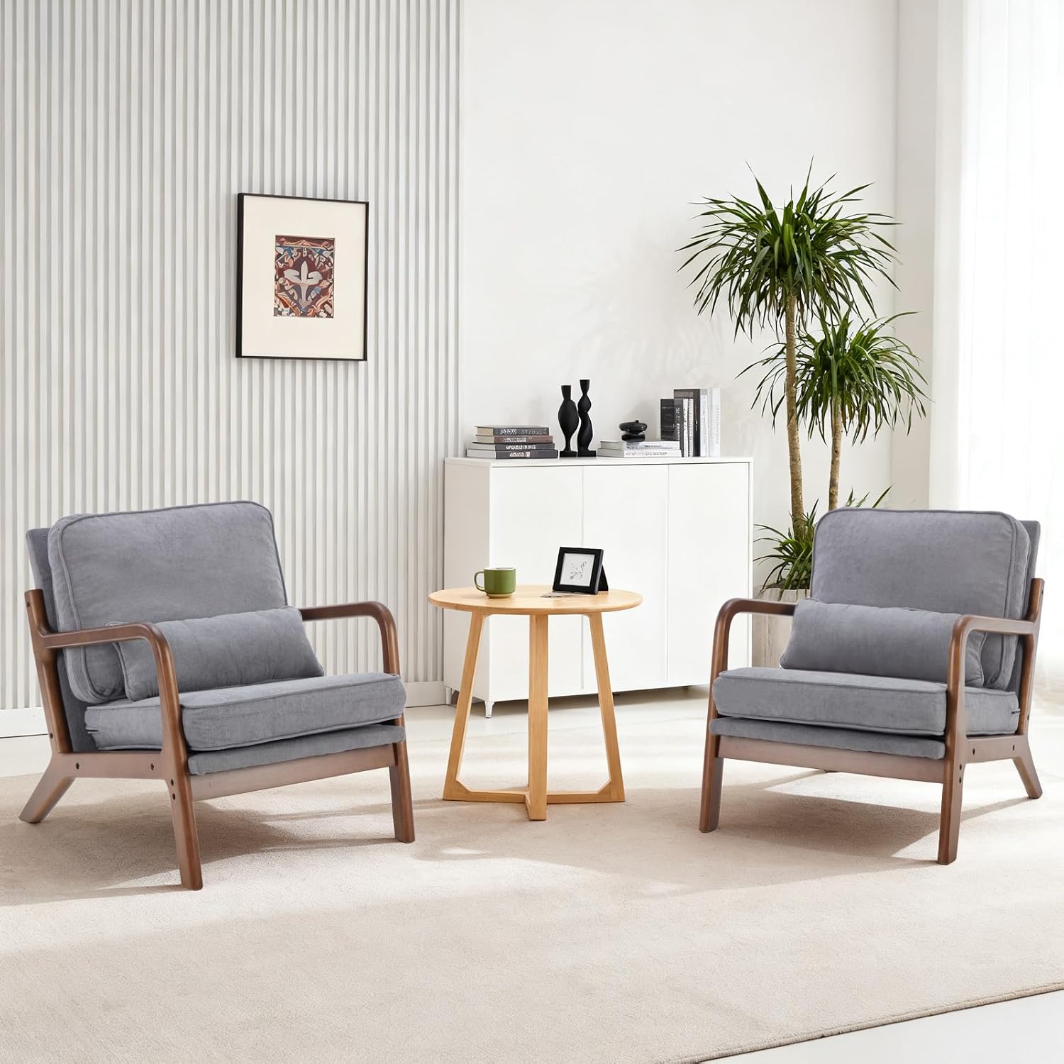 DUMOS Mid Century Modern Chair Set of 2, Accent Chair with Arms and Waist Cushion, Reading Chairs for Adults, Lounge Chair for Living Room and Bedroom, Solid Wooden Frame, Grey