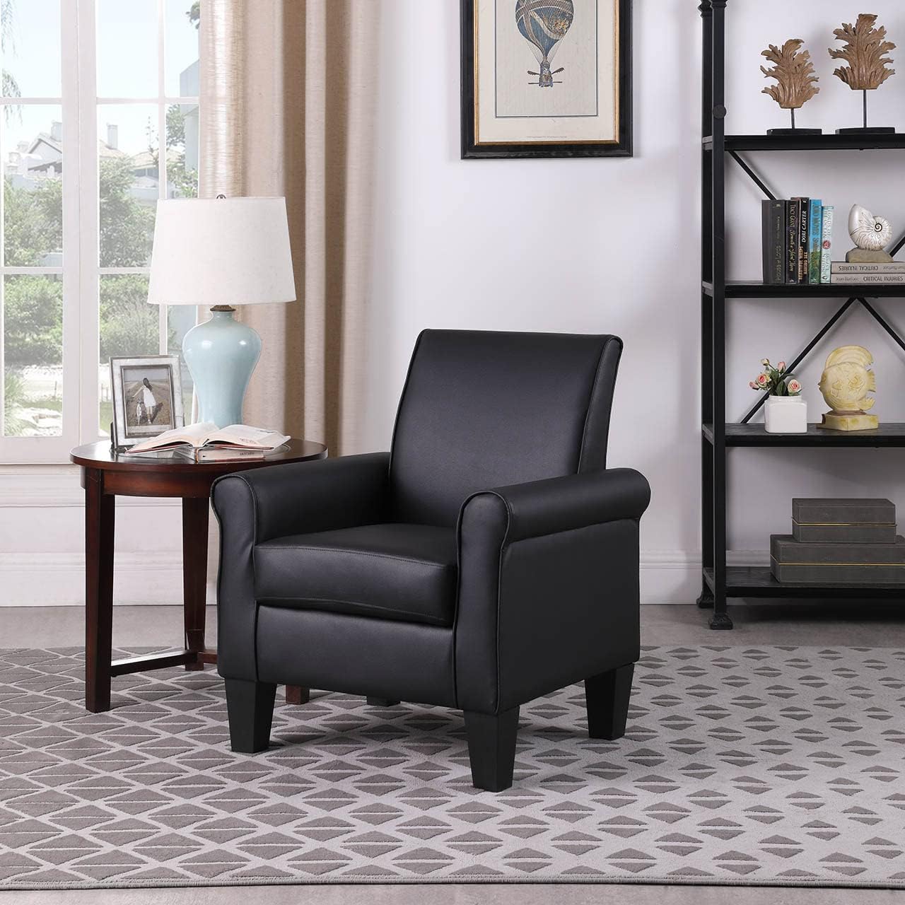 Faux Leather Accent Chair Set of 2, Mid Century Modern Living Room Chair, Upholstered Comfortable PU Leather Armchair for Bedroom, Office or Waiting Areas-Black