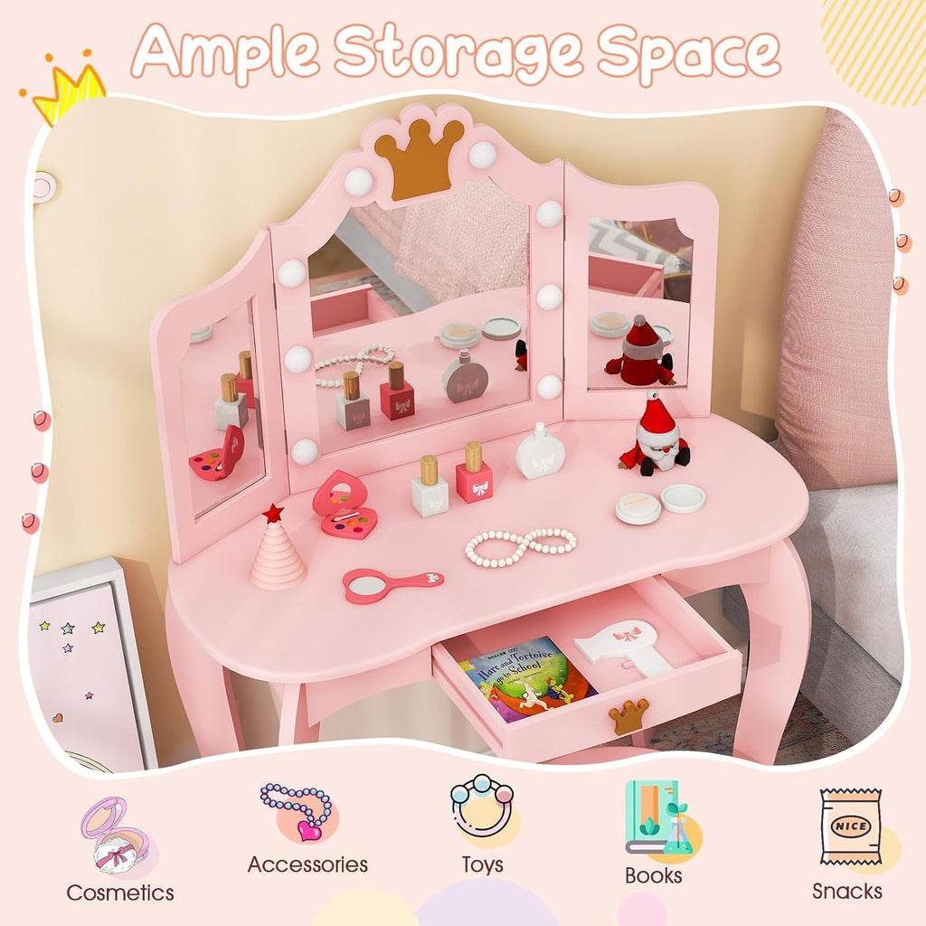 Costzon Kids Vanity with Lights, Girls Vanity Set with Mirror and Stool, Drawer, 2 in 1 Princess Makeup Desk Dressing Table, Kids Vanity Table and Chair Set (Pink)