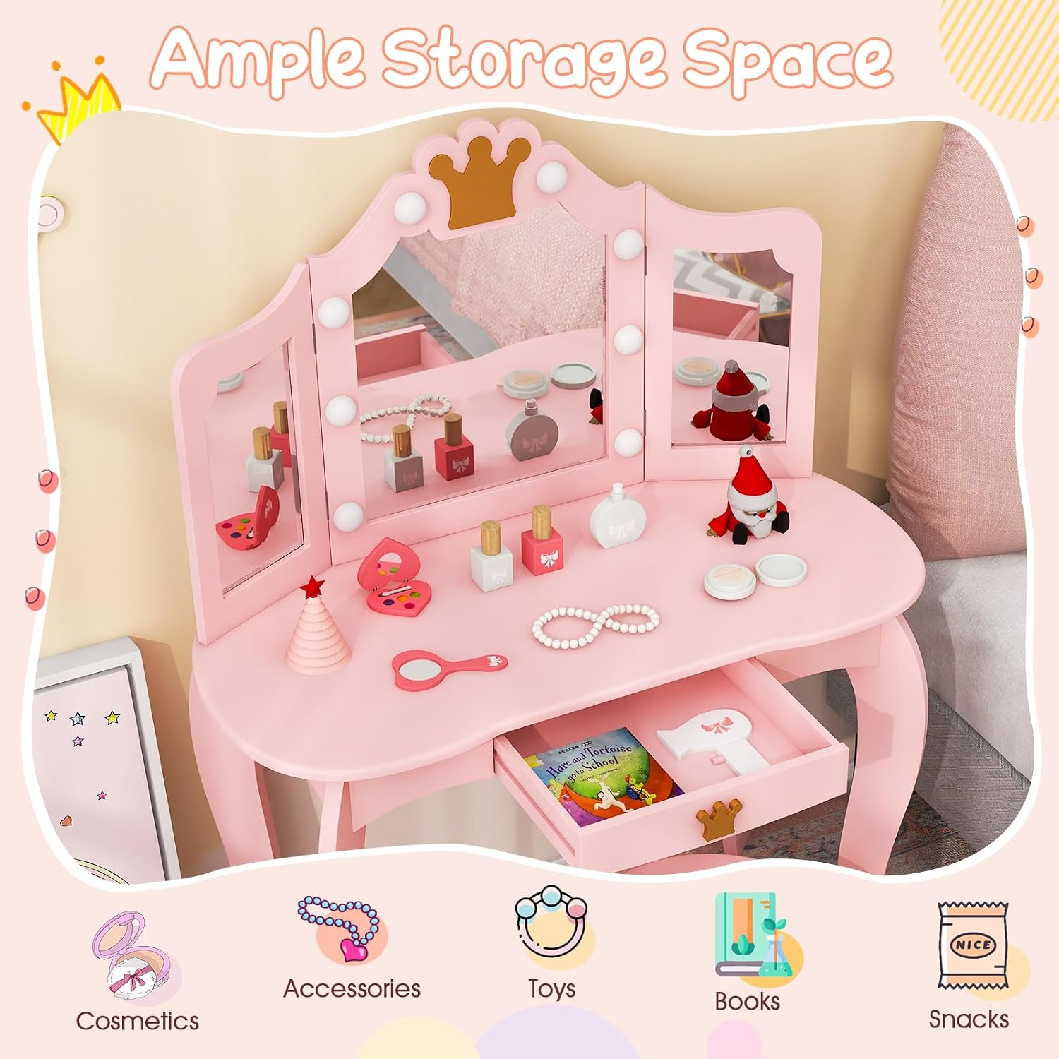 Costzon Kids Vanity with Lights, Girls Vanity Set with Mirror and Stool, Drawer, 2 in 1 Princess Makeup Desk Dressing Table, Kids Vanity Table and Chair Set (Pink)