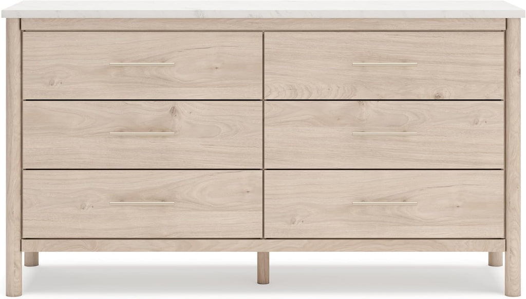 Signature Design by Ashley Cadmori Casual Bohemian Dresser with Post Legs and 6 Drawers, Replicated Marble Top, Wood, 35' High, White and Light Brown Finish