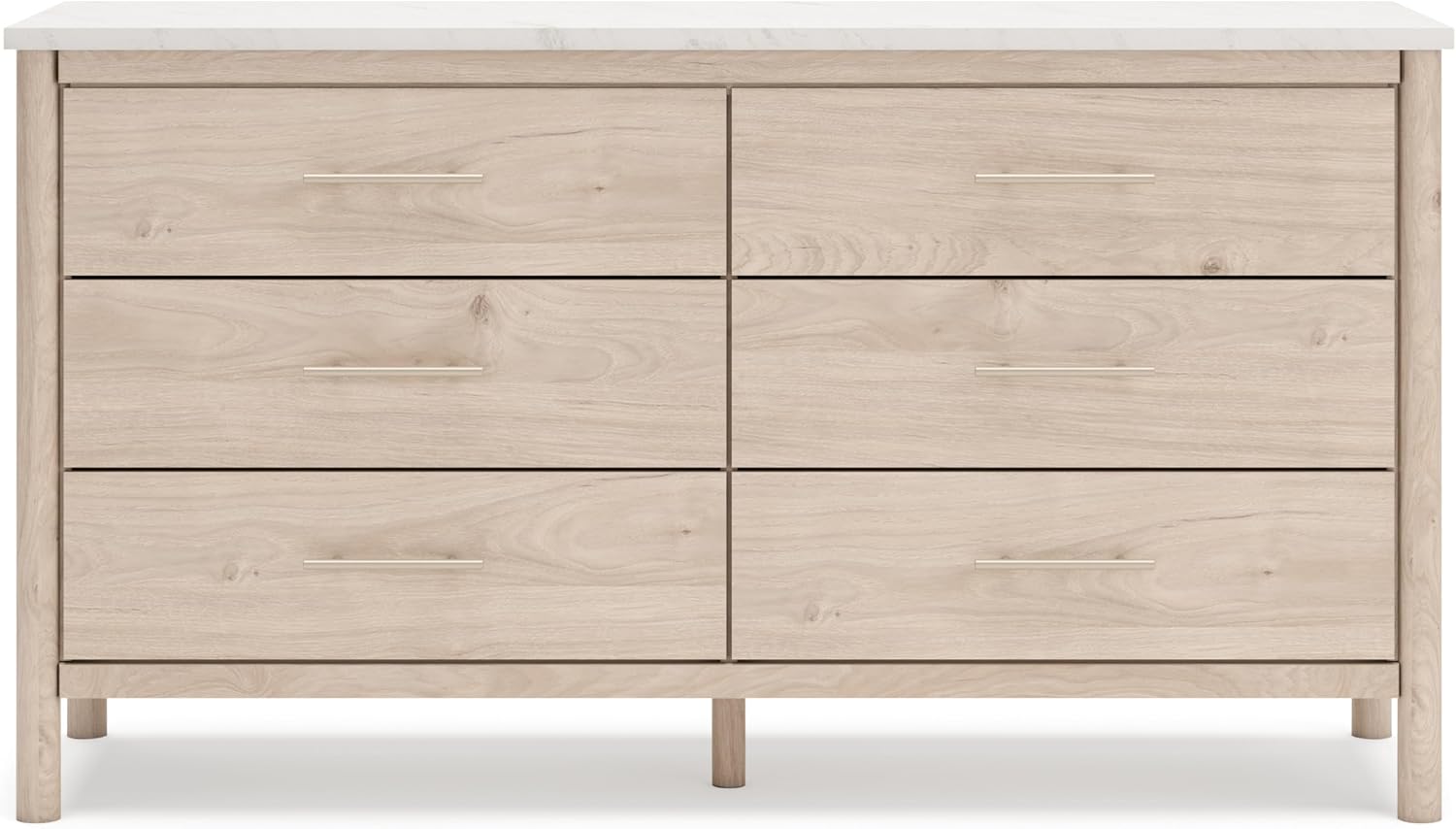 Signature Design by Ashley Cadmori Casual Bohemian Dresser with Post Legs and 6 Drawers, Replicated Marble Top, Wood, 35' High, White and Light Brown Finish