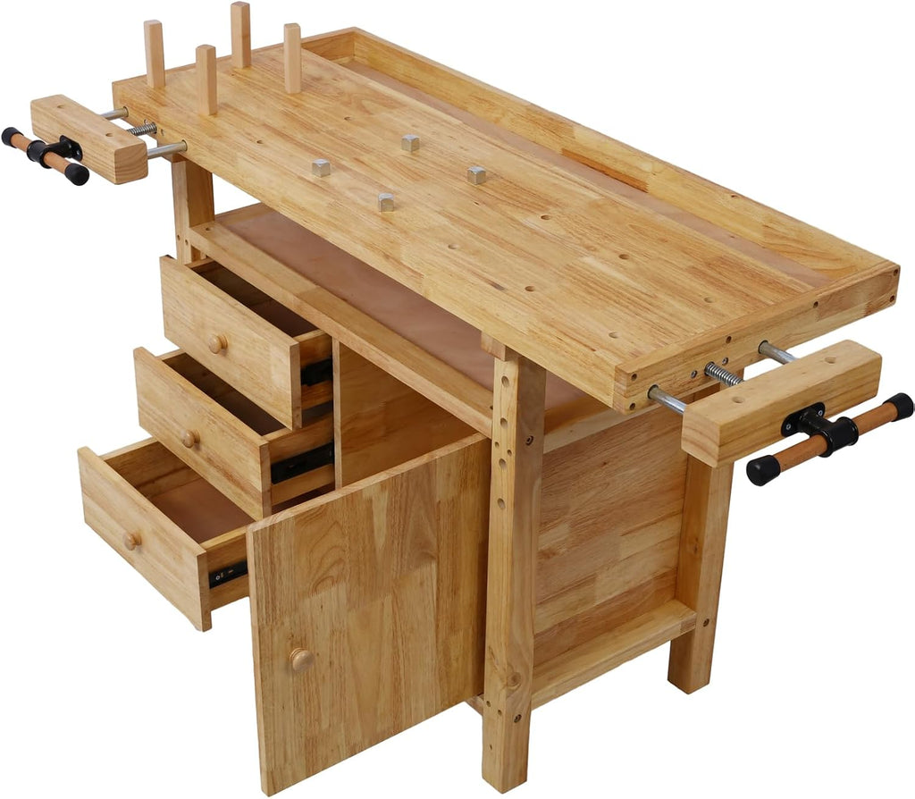 Tidyard Wood Workbench, Heavy-Duty Rubberwood Work Table with Bar Clamps Set 12 inch and 24 inch, Four Metal Pillars and Storage Drawers for Garage Workshop Home DIY Projects