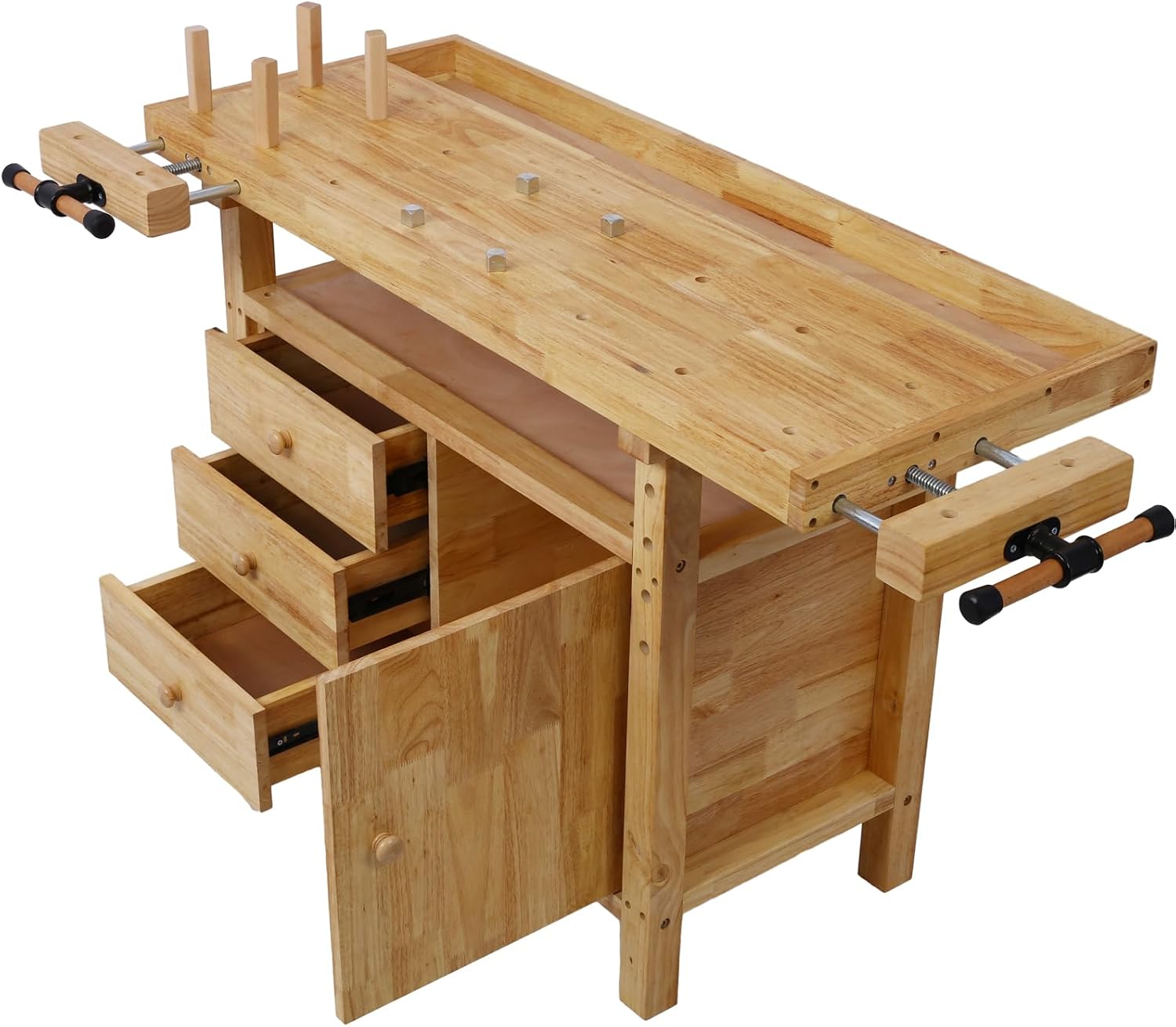 Tidyard Wood Workbench, Heavy-Duty Rubberwood Work Table with Bar Clamps Set 12 inch and 24 inch, Four Metal Pillars and Storage Drawers for Garage Workshop Home DIY Projects