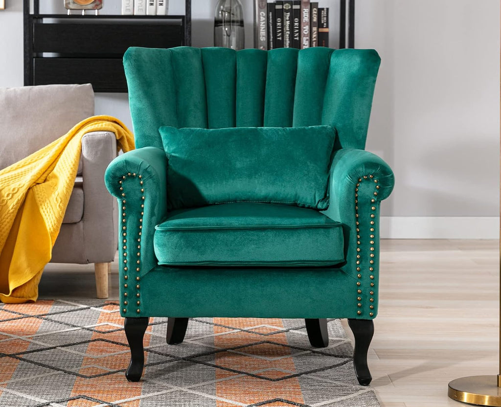 Kmax Green Accent Chair Velvet Wingback Chair with Pillow Nail-Head Channel Tufted Club Oversized Chair for Living Room Bedroom Guest Room
