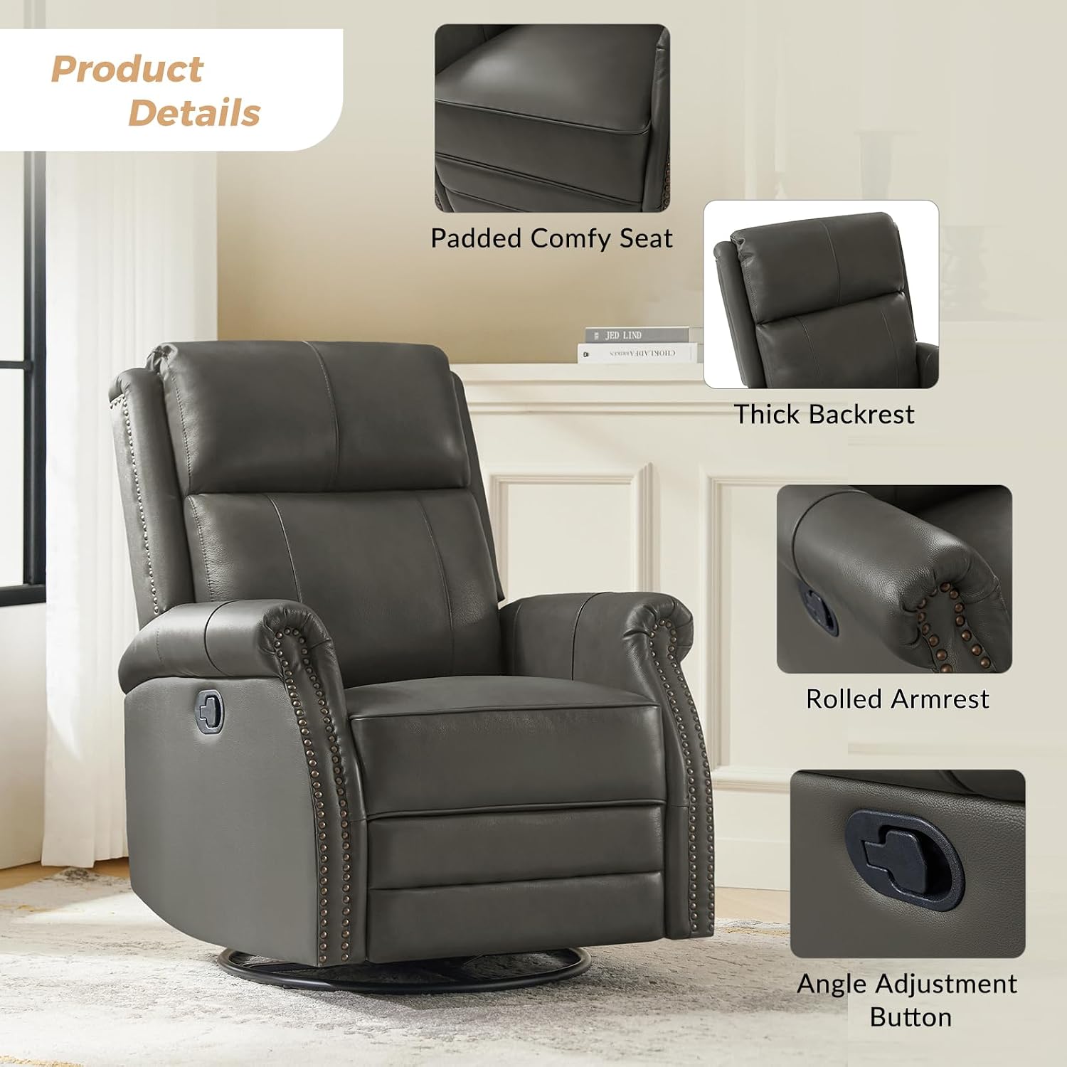 HULALA HOME Genuine Leather Swivel Rocker Recliner with Adjustable Backrest & Footrest, Manual Glider Recliner Chair with 360°Swivel Base, Home Theater Sofa Armchair for Living Room Bedroom, Grey