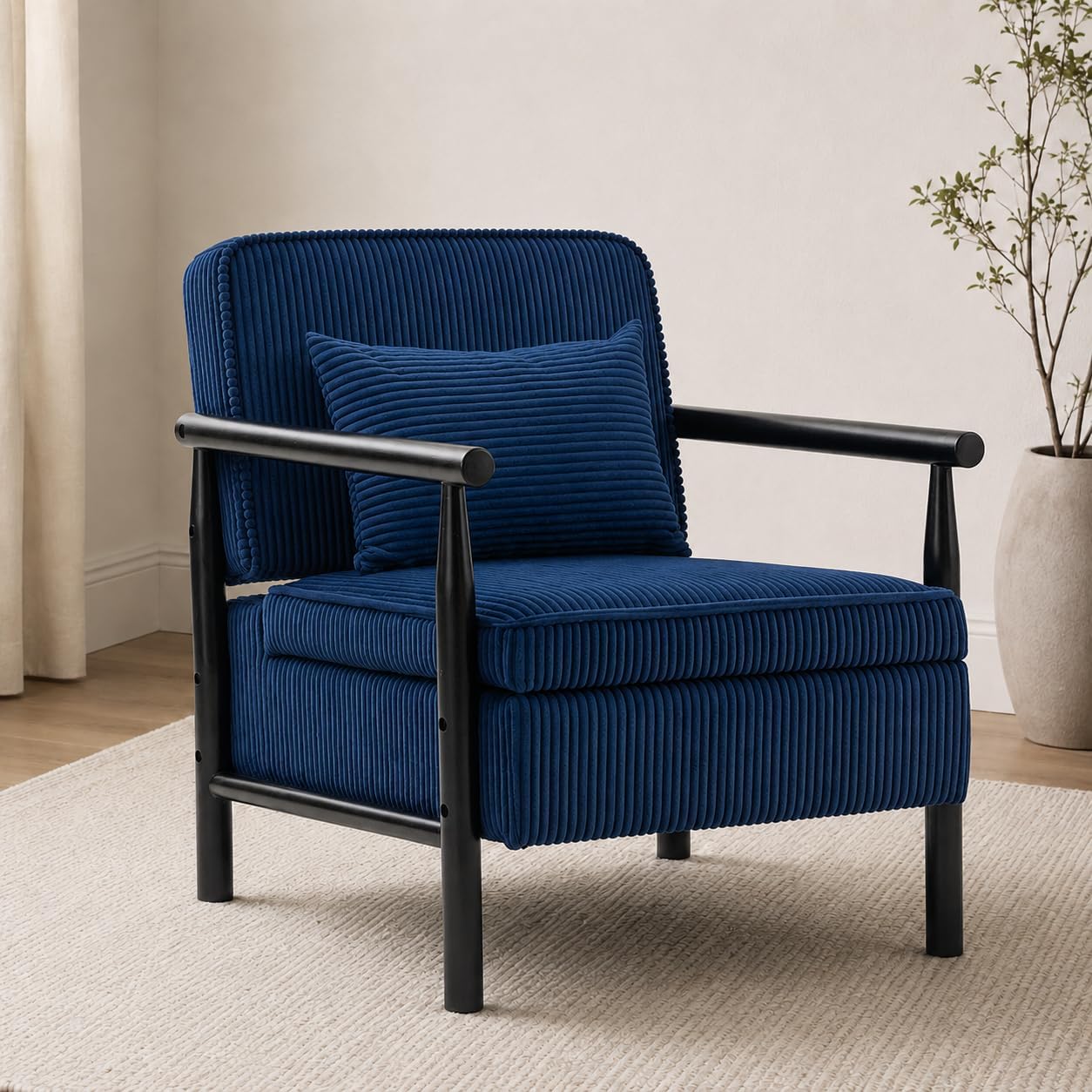 Accent Chair with Hidden Storage, Mid-Century Upholstered Armchair with Solid Wood Frame, Corduroy Fabric Accent Chair for Living Room, Bedroom, and Reading Corner(Blue)