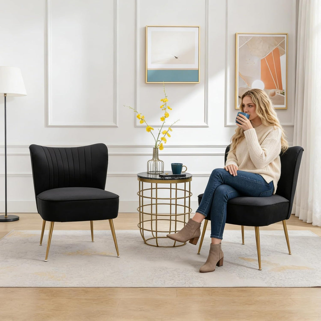 Velvet Accent Chair Set of 2 Comfy Living Room Chair Armless Slipper Chair Mid Century Side Single Sofa Chair with Golden Legs Wingback for Bedroom Guest Room, Black