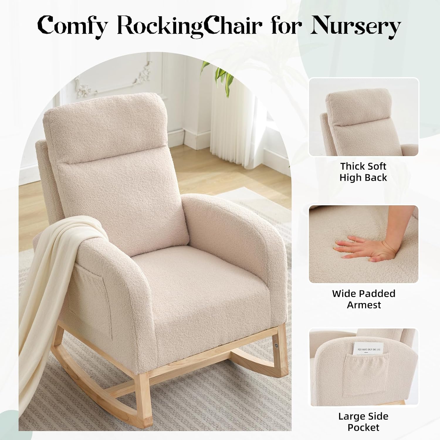 Garvee Teddy Fleece Nursery Rocking Chair,Upholstered Glider with 26' High Backrest, Padded Seat,Modern 300 Lbs Weight Capacity Accent Recliner for Living Room, Bedroom, Reading