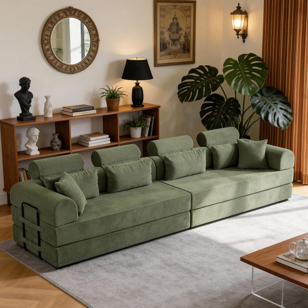 KEIKI 6-in-1 Folding Convertible High Back Sofa Sleeper, 106' Oversized Modular Sectional Corduroy Upholstered L Shape Couches for Living Room, Deep Cushion for Open Concept Living, Grayish Green