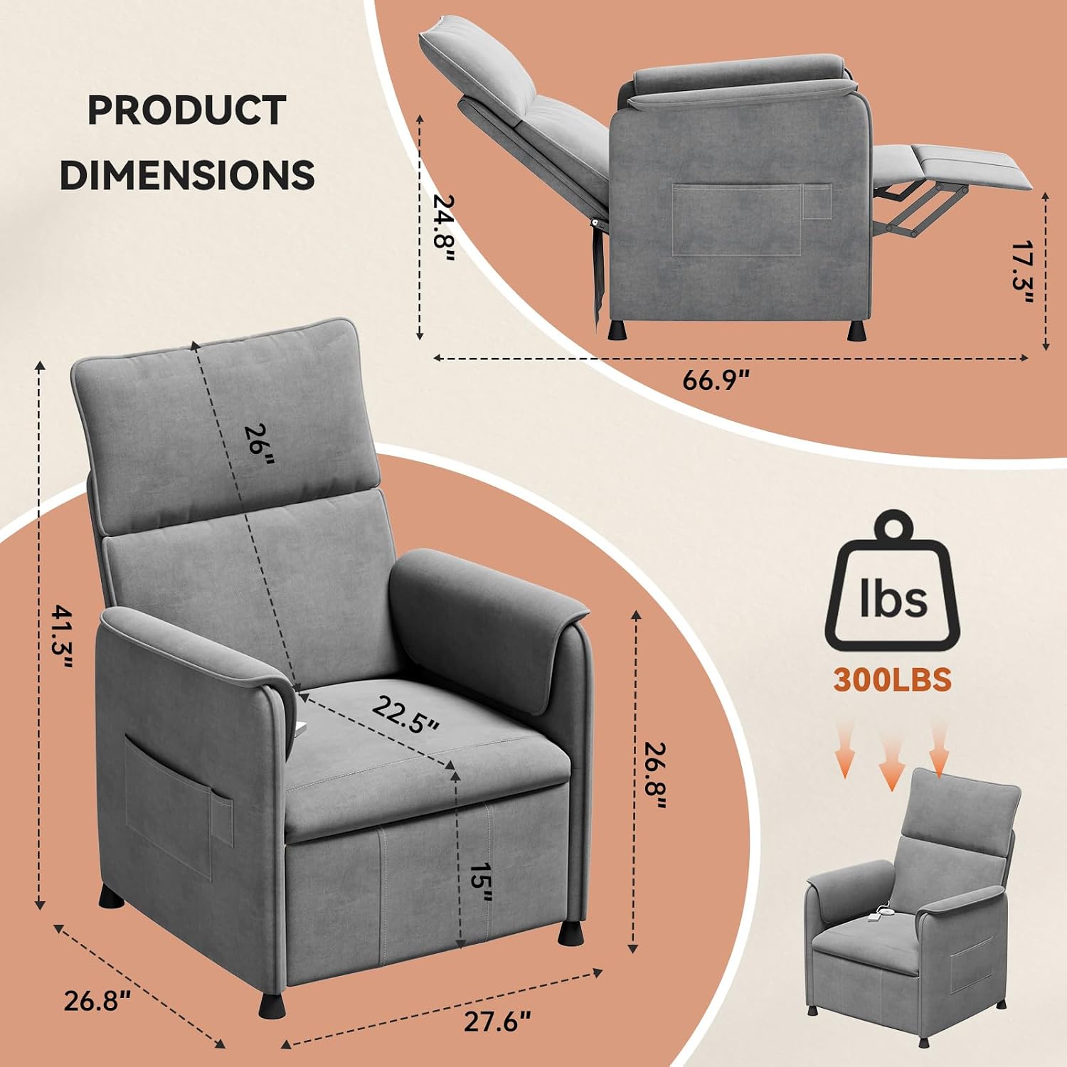 Recliner Chair，Electric Adjustable Chenille Recliner with Remote Control and Padded Backrest,Home Theater Recliner Single Sofa Seat with Thick Seat Cushion for Living Room Bedroom (Grey)