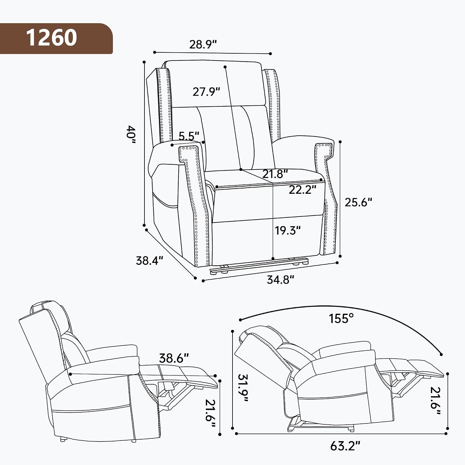 KEIKI Mid Century Modern Oversized Recliner Accent Chair for Adults, Manual Leather Recliner Chair with Back Massager and Heating for Living Room, Home Soft Rocking Lounge Reading Chair, Camel