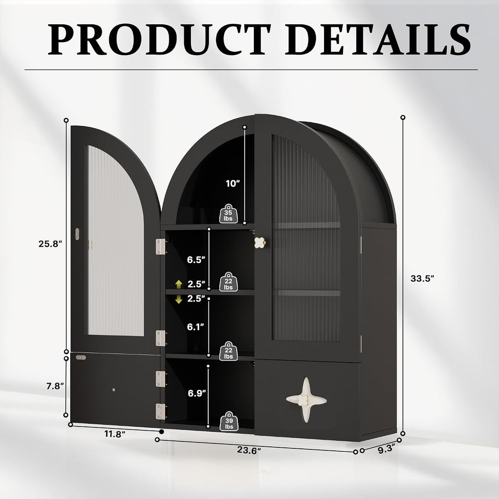BREEZEHEAT Arched Bathroom Wall Cabinet, Medicine Cabinet Over Toilet Storage w/Fluted Glass Doors & Adjustable Shelf, Wood Hanging Cupboard for Laundry Room, Entryway, Kitchen, Black, 23.6x33.5 Inch