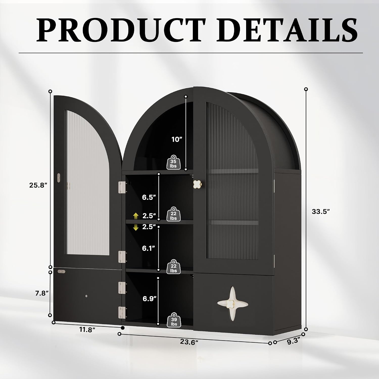 BREEZEHEAT Arched Bathroom Wall Cabinet, Medicine Cabinet Over Toilet Storage w/Fluted Glass Doors & Adjustable Shelf, Wood Hanging Cupboard for Laundry Room, Entryway, Kitchen, Black, 23.6x33.5 Inch