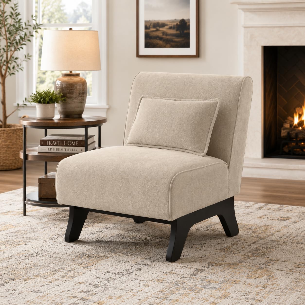 Upholstered Armless Accent Chair,Modern Comfy Living Room Chairs with Wooden Legs& Pillows,Lounge Sofa Side Chair for Bedroom Farmhouse Reading Brown