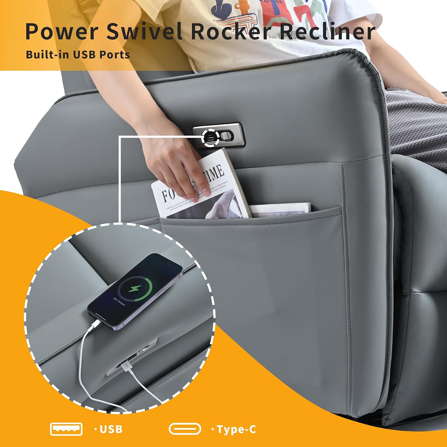 Ball & Cast Power Recliner Chair with USB and Type-c Ports,Swivel Rocker Recliner Sofa W/Padded Backrest,Infinite Position Power Lift Chair,for Living Room,Bedroom,Home Theaters,Blue-Gray
