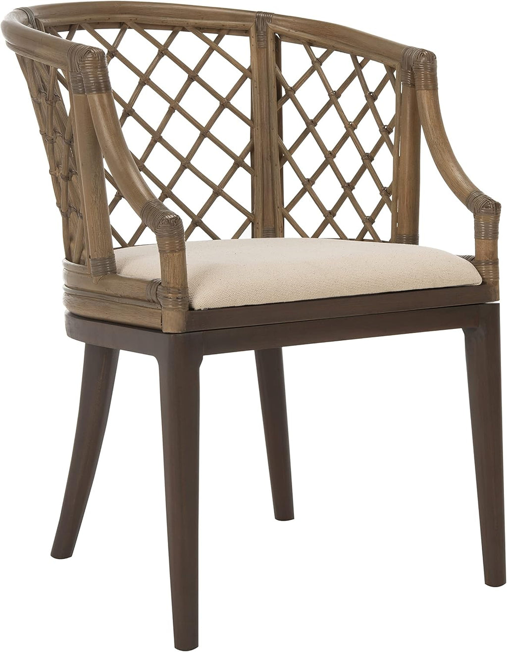 SAFAVIEH Furniture - Carlotta Rattan Arm Chair - Greige & White - Solid Wood - Coastal Open-Arm Design - Ideal for Living Room, Sunroom, Bedroom (SEA4013A)