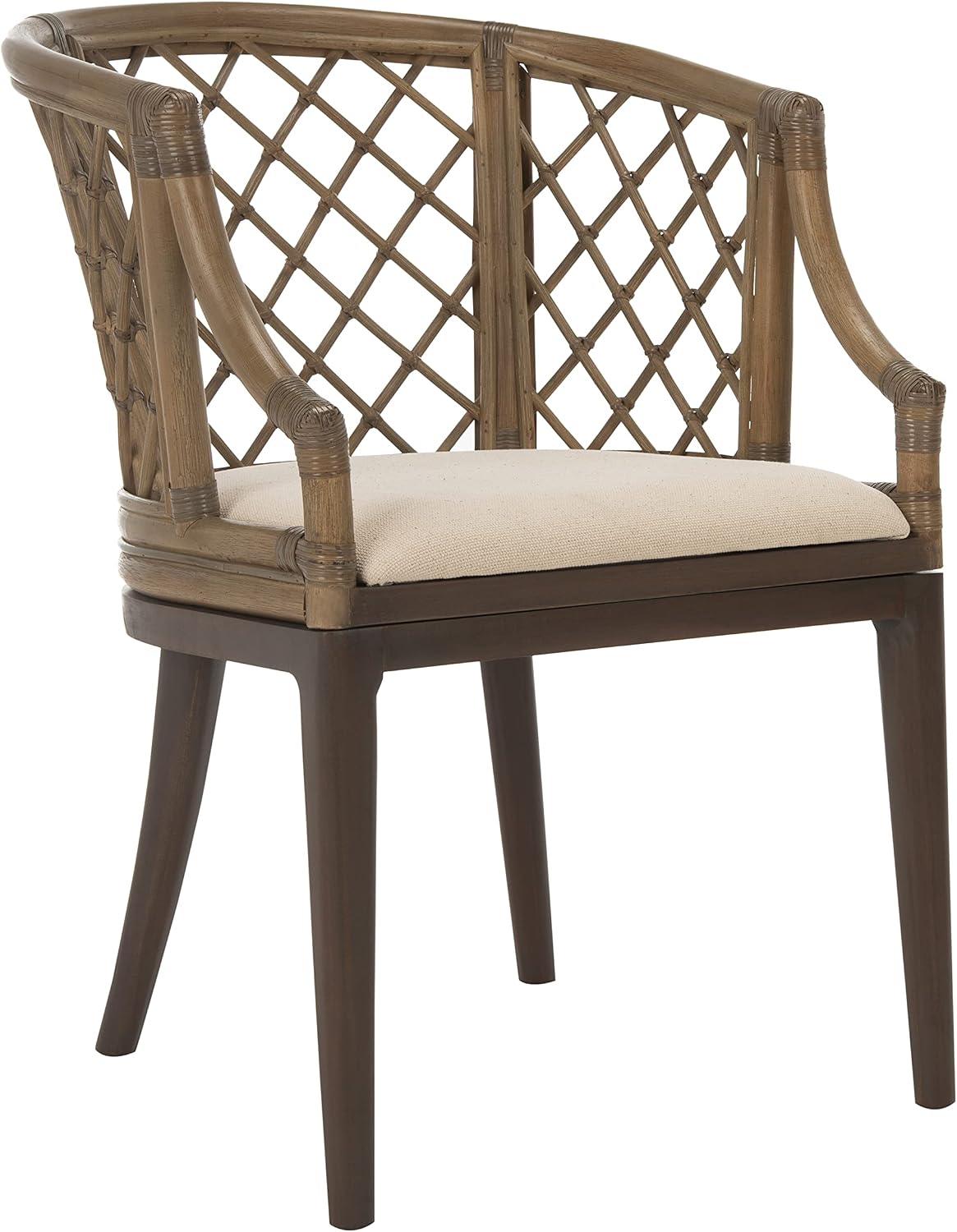 SAFAVIEH Furniture - Carlotta Rattan Arm Chair - Greige & White - Solid Wood - Coastal Open-Arm Design - Ideal for Living Room, Sunroom, Bedroom (SEA4013A)