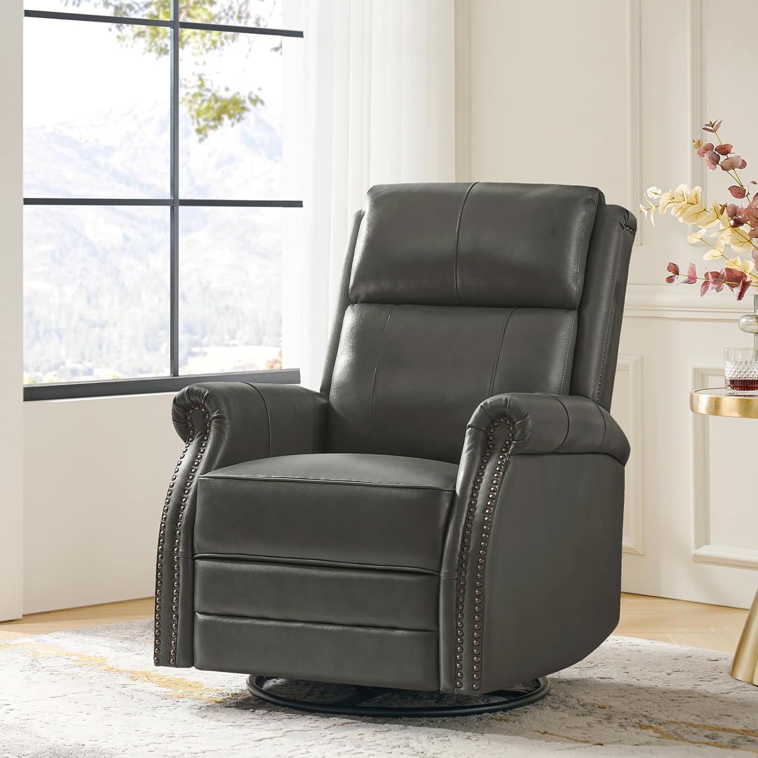 HULALA HOME Genuine Leather Swivel Rocker Recliner with Adjustable Backrest & Footrest, Manual Glider Recliner Chair with 360°Swivel Base, Home Theater Sofa Armchair for Living Room Bedroom, Grey
