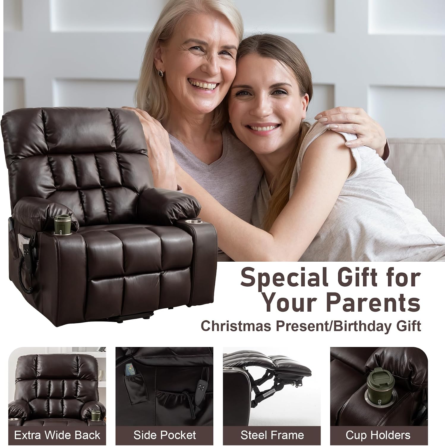 Oversized Power Recliner Chair for Big and Tall 400 LBS, 25.5' Extra Wide Electric Lift Chair with Heat and Massage, Dual Motor 180° Lay Flat Recliner Living Room Sofa, PU Leather Big Recliner