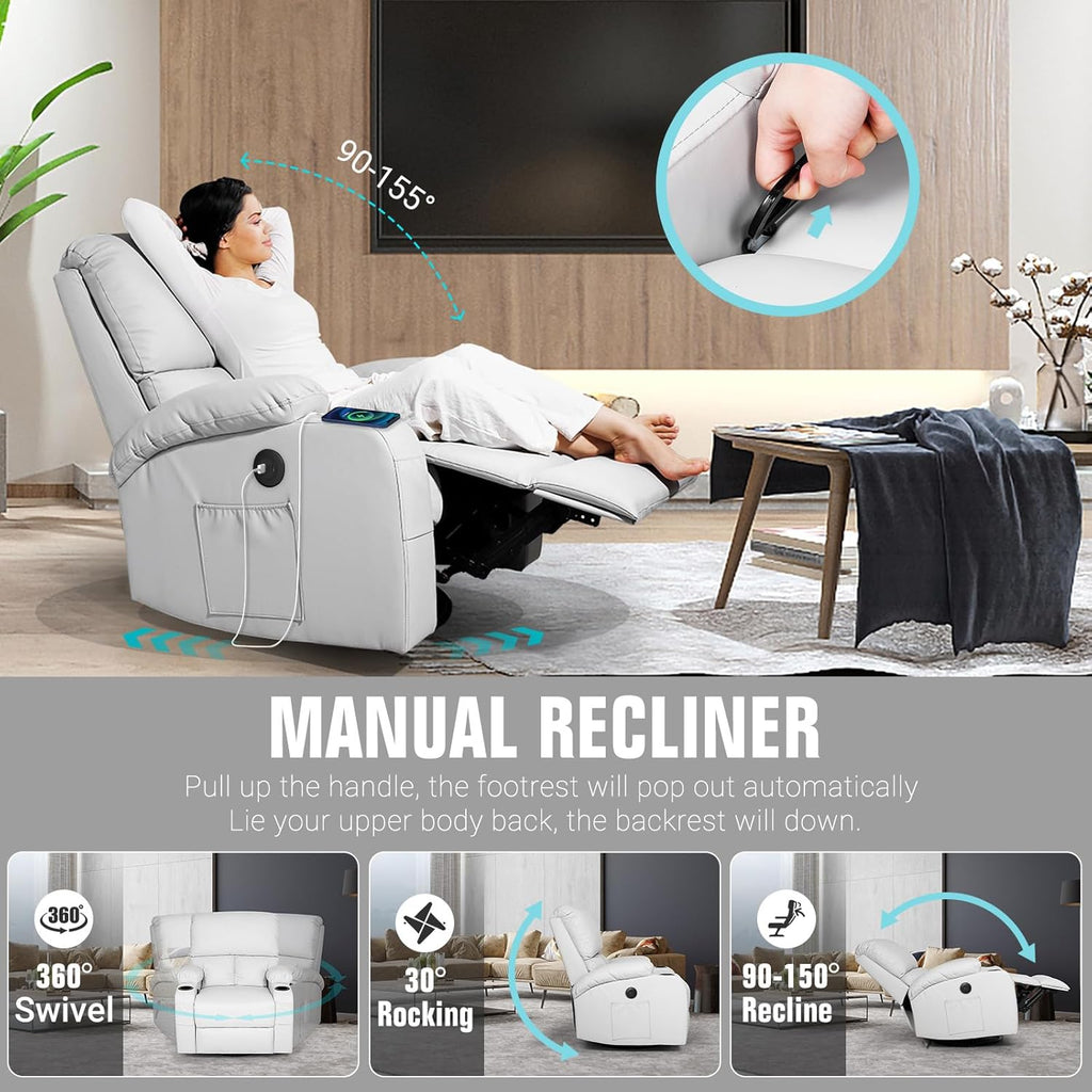 LEVELEVE Rocking Recliner Chair, Massage Rocker Recliner Chair with Vibration Massage and Heat, USB and Type-C Ports,360° Swivel Faux Leather Chairs, Living Room, Bedroom, Nursery, RV, Light Grey