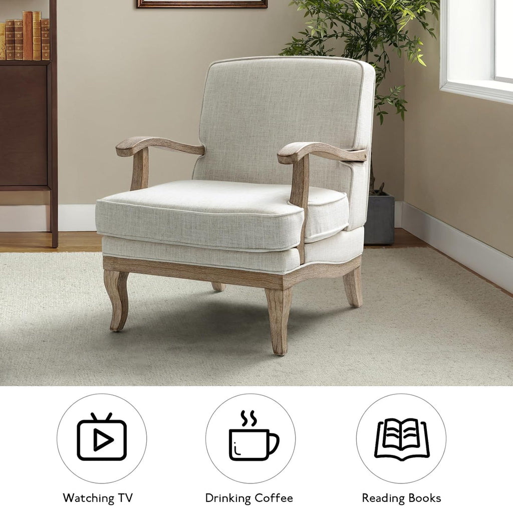 HULALA HOME Mid-Century Modern Accent Chair, Upholstered Living Room Lounge Chair, Lounge Armchair with Romantic Stripes & Solid Wood Legs, Living Room Bedroom Single Sofa Chair (Ivory)