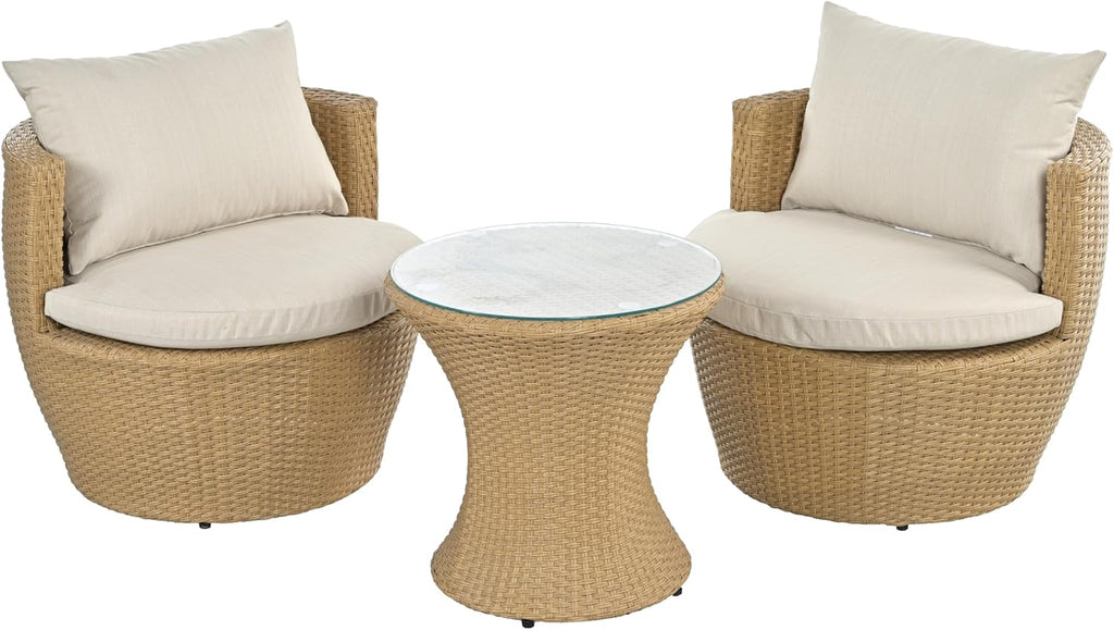 Christopher Knight Home Dessa Patio Conversation Set, Wicker Rattan Club Chairs, Wicker End Table, Accent Chair with Cushions, Mirror Table Top, Conversation Set for Backyard Poolside, Light Brown