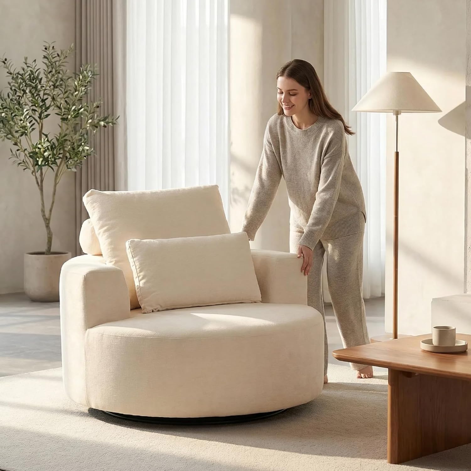 Furnimart 360° Swivel Oversized Barrel Chair, Chenille Upholstered Round Accent Chair with High Density Sponge, No Assembly Lazy Sofa for Living Room Bedroom Office, Beige