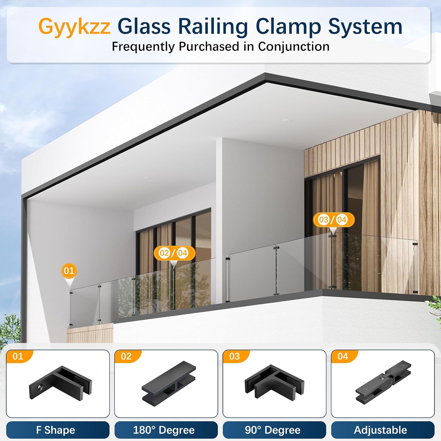 20 Pack Corner Railing Glass to Glass Clamps, Double Side Glass Clip | No Drilling in Glass, T304 Stainless Steel, Fits 3/8'-1/2' Glass Thickness, Modern Black, Suitable for Fence, Pool, Balcony
