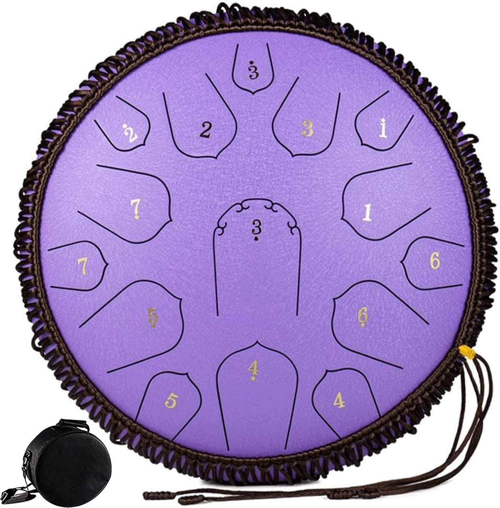 Steel Tongue Drum Lotus Handpan Drum 14-inch 15 Notes, Percussion Steel Drum Instrument with Travel Bag, Mallets, Note Sticker, for Meditation, Yoga