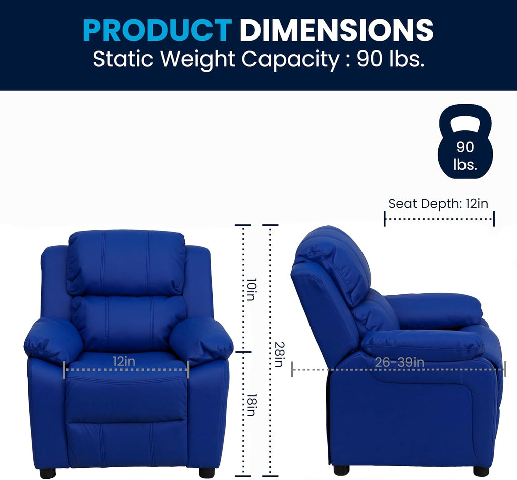 Flash Furniture Charlie Vinyl Kids Recliner with Flip-Up Storage Arms and Safety Recline, Contemporary Reclining Chair for Kids, Supports up to 90 lbs., Blue