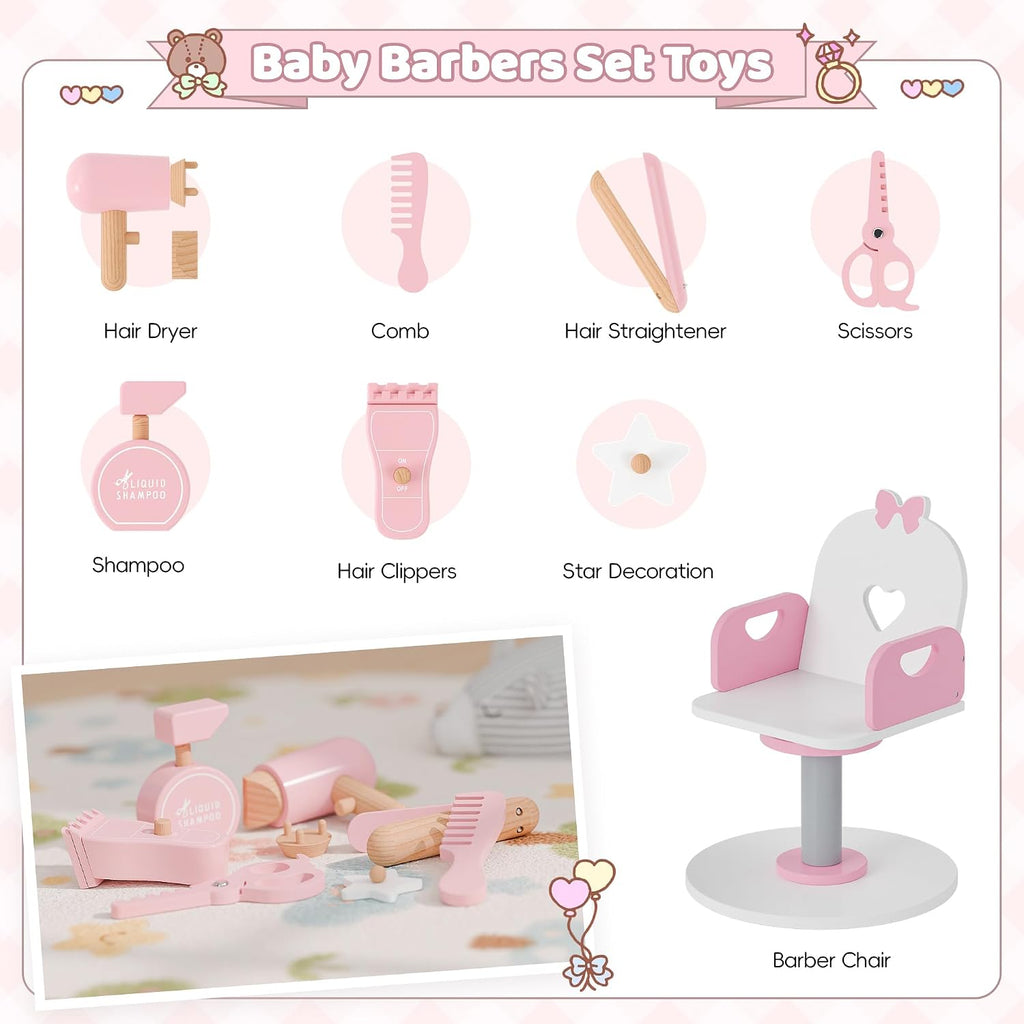 Kids Vanity Set with Light and Barber Chair, White Pink Makeup Dressing Vanity Table with Storage Shelf and Hair Salon Play Set 7 pcs Accessories, Pretend Play Vanity Set for Toddler Girls