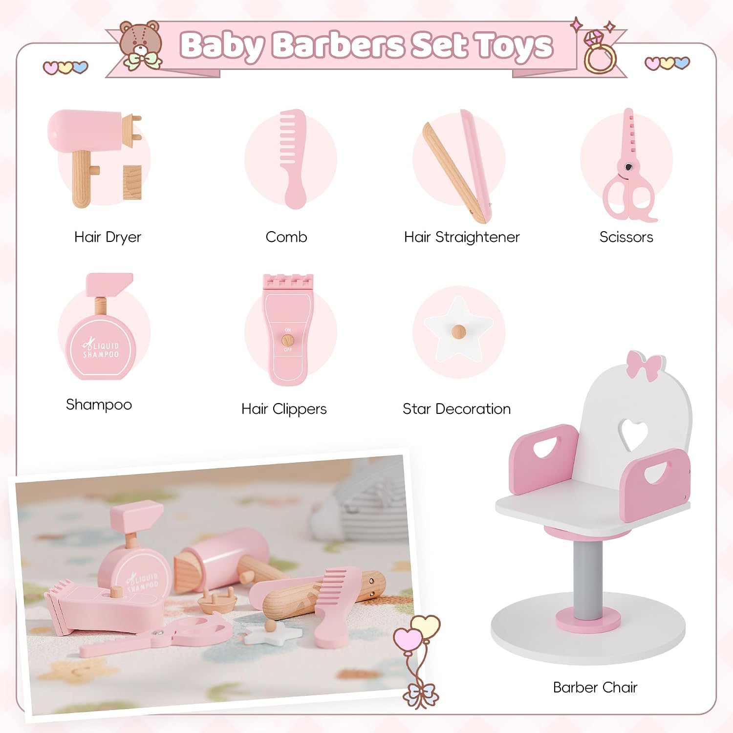 Kids Vanity Set with Light and Barber Chair, White Pink Makeup Dressing Vanity Table with Storage Shelf and Hair Salon Play Set 7 pcs Accessories, Pretend Play Vanity Set for Toddler Girls