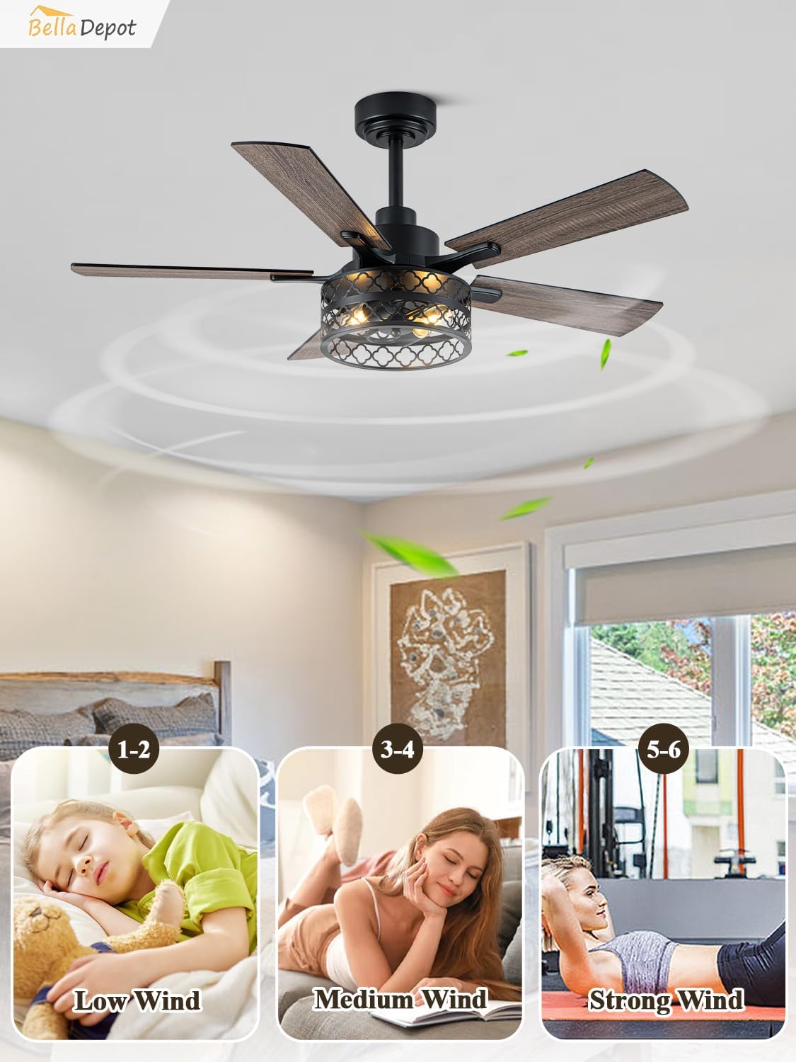 Bella Depot 46' Ceiling Fan with Light Farmhouse Caged Chandelier Fan with Remote Vintage Rustic Indoor Fandelier with Silent Motor for Dining Living Room Bedroom, (Bulbs not Included)
