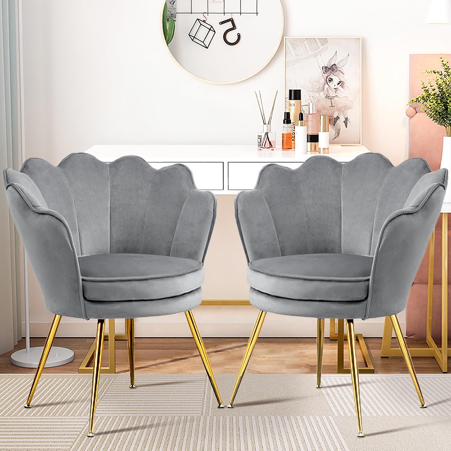 Czlolo Accent Chairs Set of 2 for Living Room, Velvet Upholstered Makeup Room Vanity Chair with Back, Golden Metal Legs Small Accent Side Chair for Bedroom, Cloud Chair Set, 2 Pcs Light Grey