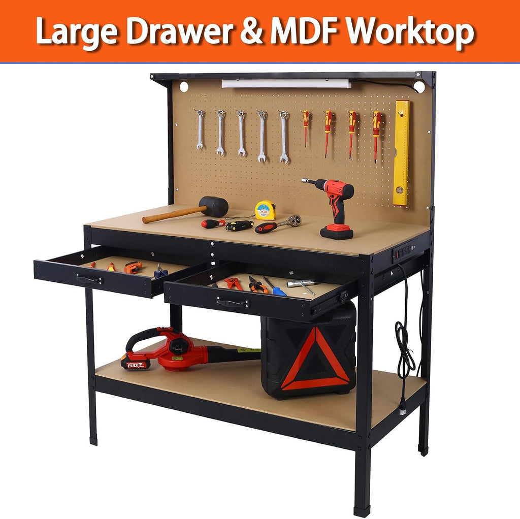 Workbench with Power Outlets and LED Light - Steel Workbench with 4xAC Outlets 2xUSB Ports, Garage Work Bench with Drawer and Peg Board, Workshop Tools Table, Mens Gifts, 59' H x 48' L x 24' D