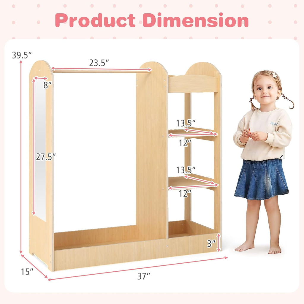 Costzon Kids Dress up Storage with Mirror, Clothes Rack, 3-Tier Shelves, Bottom Tray, Pretend Play Costume Dresser Organizer Center, Open Hanging Armoire Closet for Little Girls (Natural)