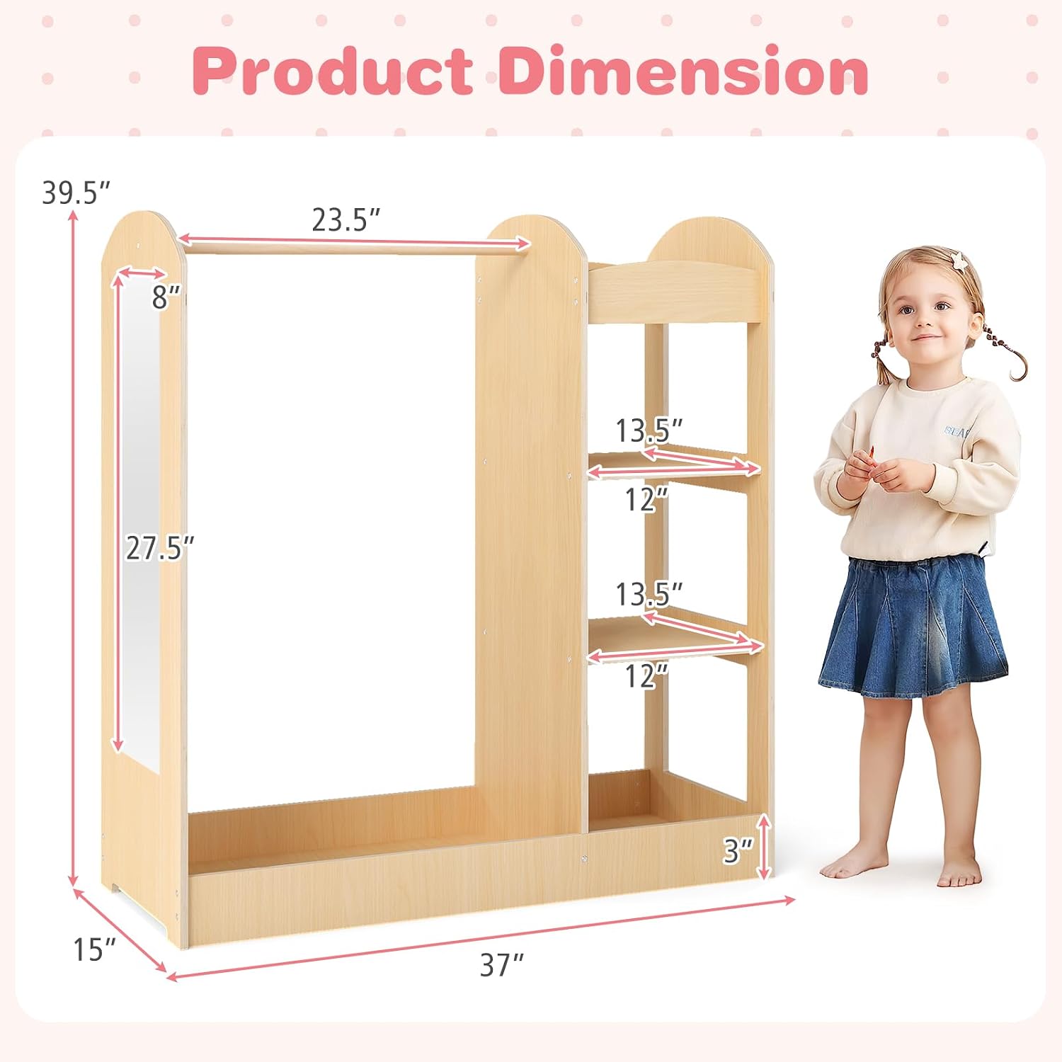 Costzon Kids Dress up Storage with Mirror, Clothes Rack, 3-Tier Shelves, Bottom Tray, Pretend Play Costume Dresser Organizer Center, Open Hanging Armoire Closet for Little Girls (Natural)