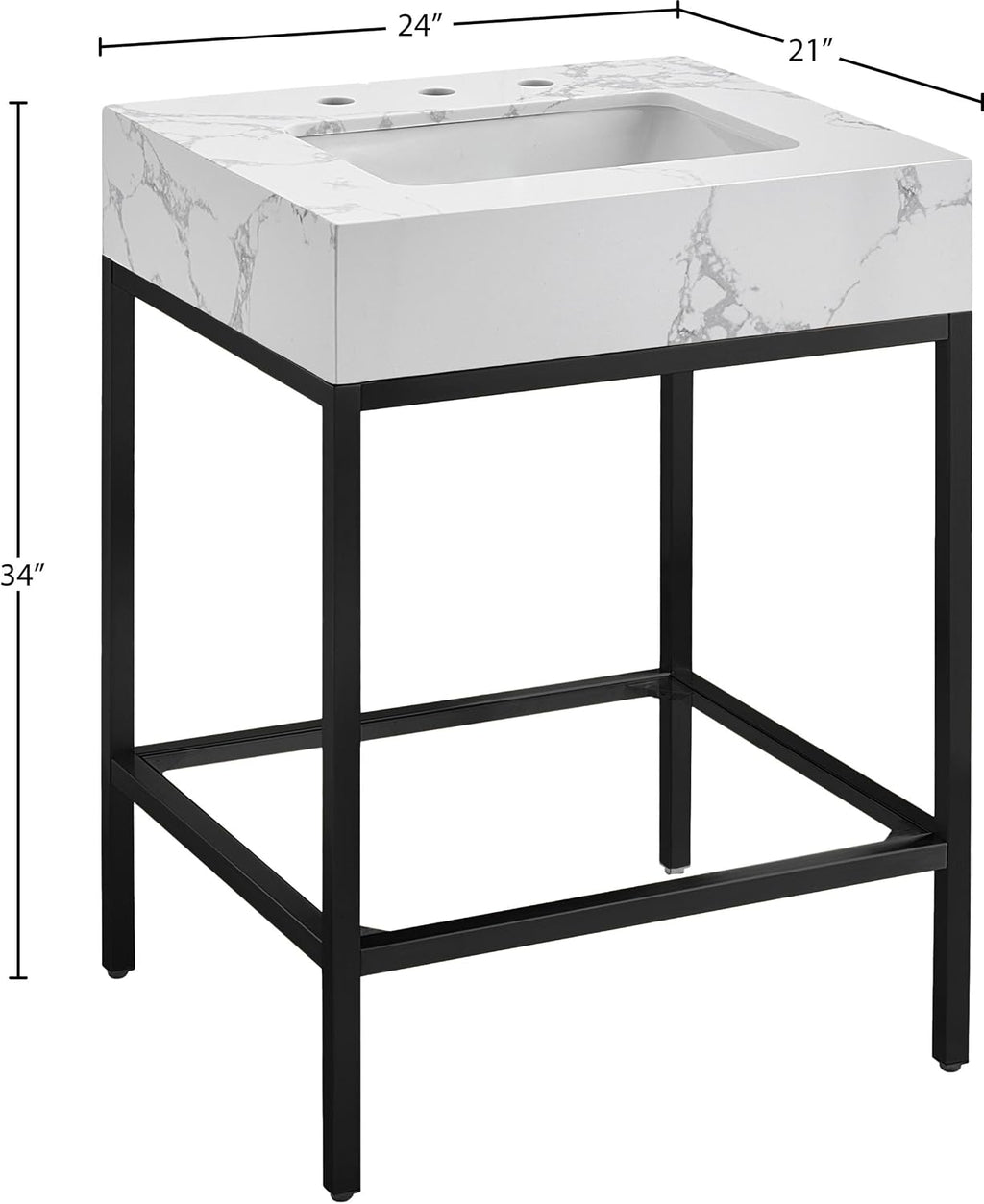Meridian Furniture 407White-24 Marmo Collection Modern | Contemporary Bathroom Vanity with White Engineered Stone with Grey Veining, Matte Black Metal Base, 24' W x 21' D x 34' H, White