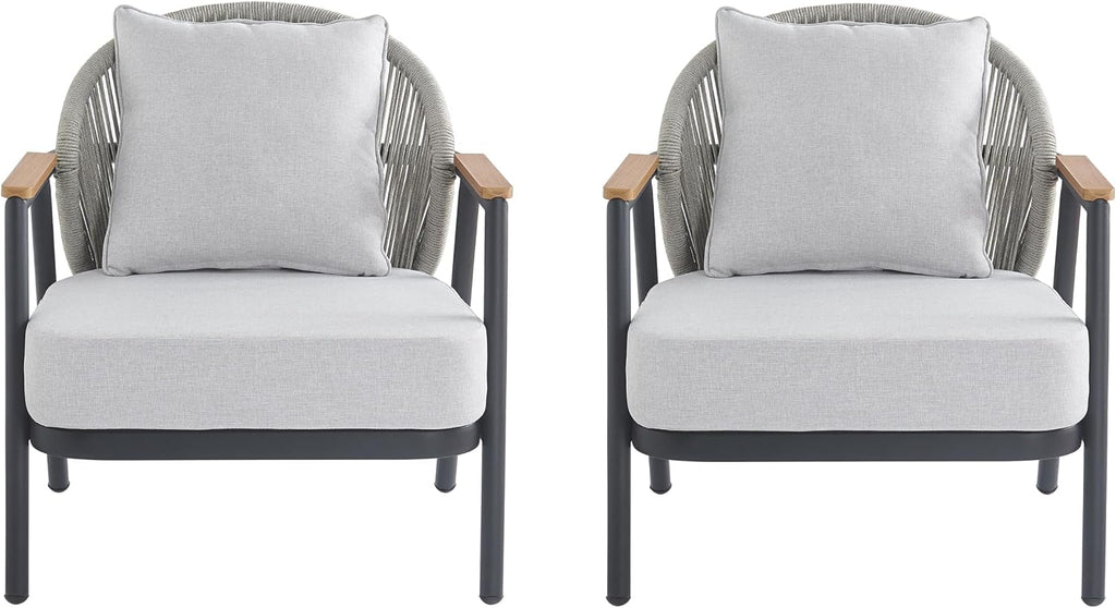 Christopher Knight Home Vine Iron Patio Club Chair Set of 2, Outdoor Accent Chair with Cushions, Wooden Patio Armchair, Ergonomic Comfy Reading Chair for Balcony, Backyard, Garden, Dark Grey+Grey