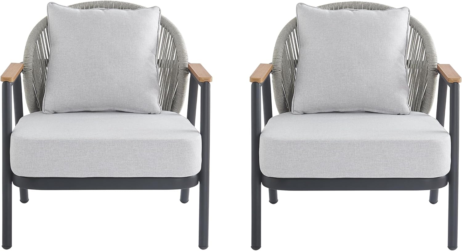 Christopher Knight Home Vine Iron Patio Club Chair Set of 2, Outdoor Accent Chair with Cushions, Wooden Patio Armchair, Ergonomic Comfy Reading Chair for Balcony, Backyard, Garden, Dark Grey+Grey