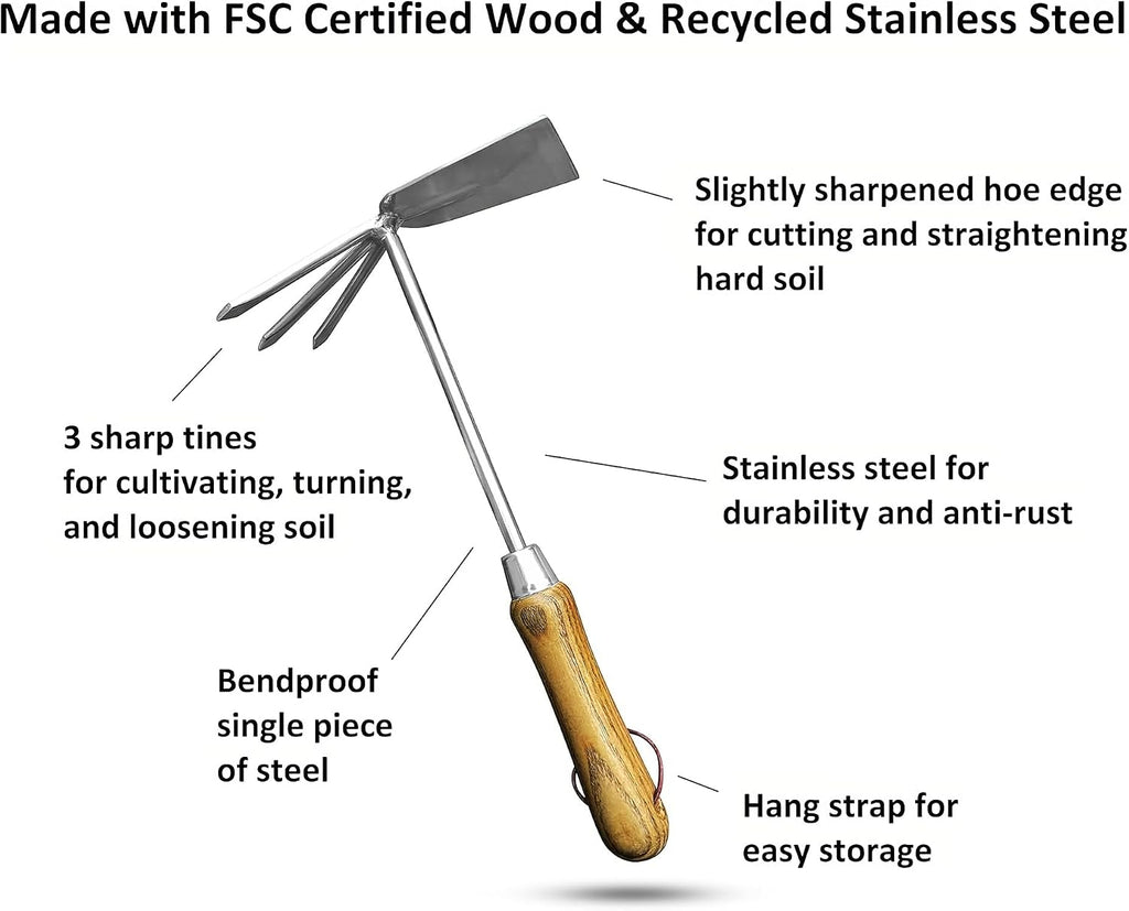 Garden Guru Eco Hand Cultivator Hoe Tiller Tool - 100% Recycled Stainless Steel - Rust Resistant - FSC Certified Wood Ergonomic Handle -Great for Gardening Cultivating Weeding - 1 Case (40 Pcs)