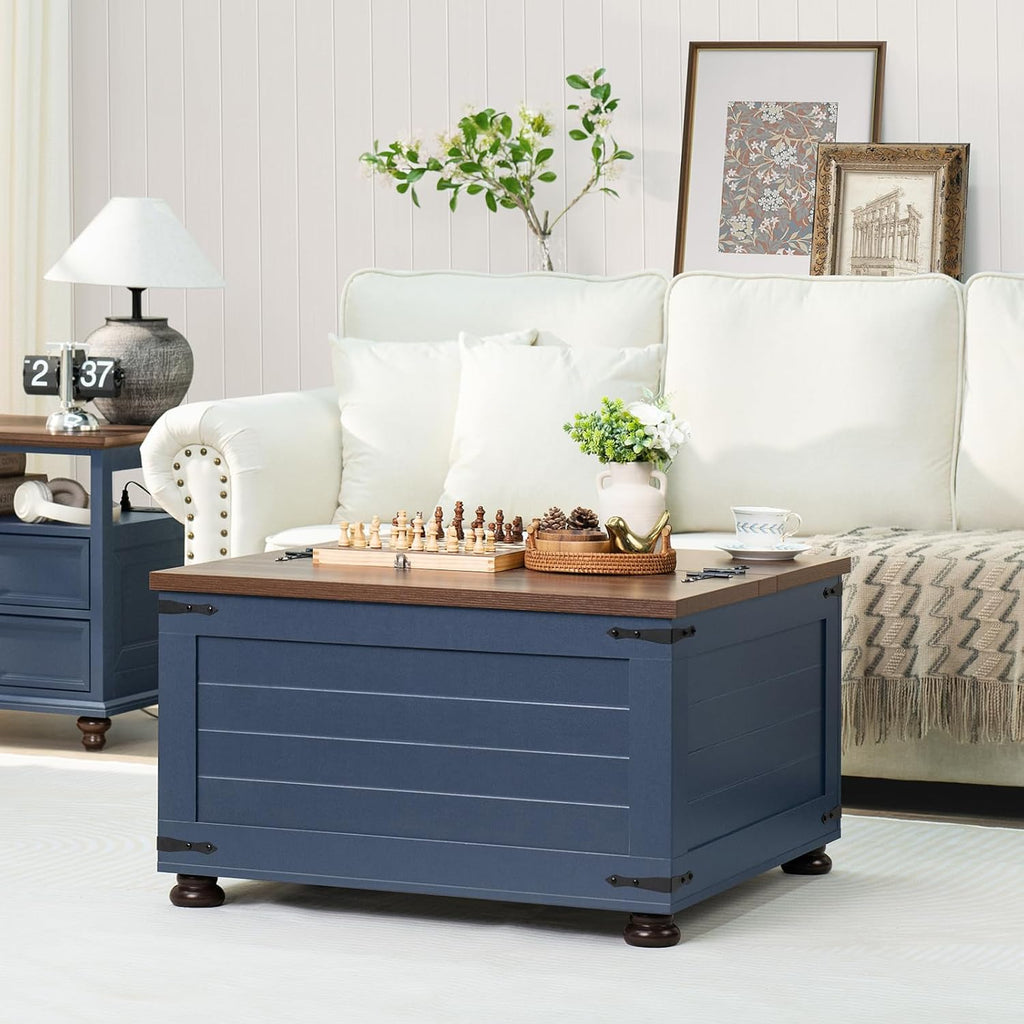 Joaxswe Farmhouse Coffee Table with Hidden Storage, 59 Gallon Square Center Table for Living Room, Rustic Wood Cocktail Tables with Flip-Top Lids, Farm House Tables with Wooden Gourd Feet, Navy Blue