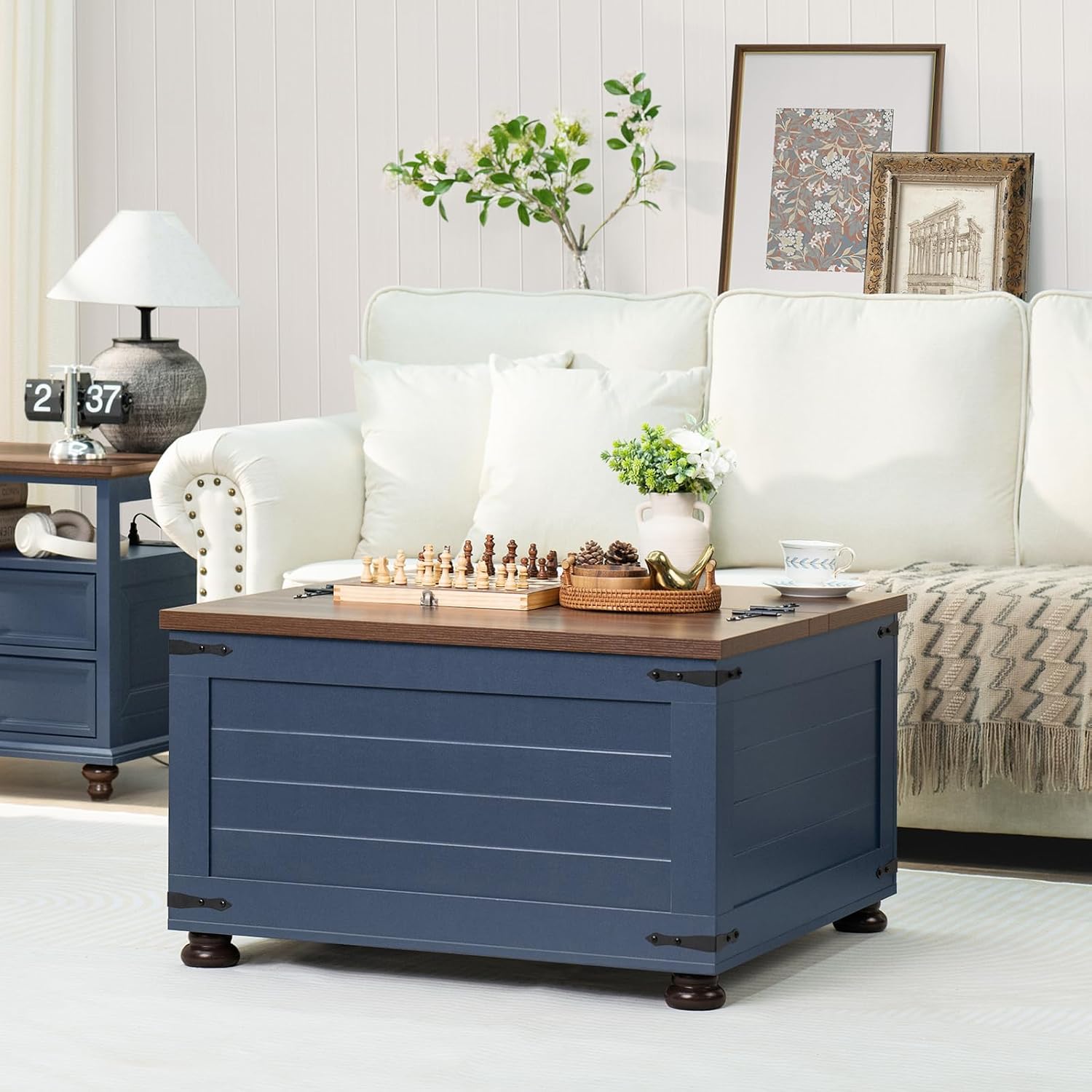 Joaxswe Farmhouse Coffee Table with Hidden Storage, 59 Gallon Square Center Table for Living Room, Rustic Wood Cocktail Tables with Flip-Top Lids, Farm House Tables with Wooden Gourd Feet, Navy Blue
